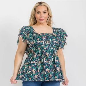134 Floral Ruffle Sleeve PLUS SIZE Top - Navy Blue